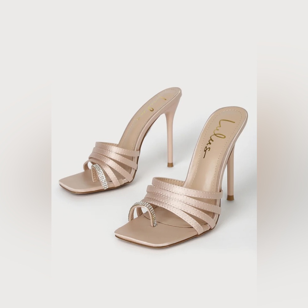 Lulus Size 8.5 Juen Light Nude Satin Rhinestone High Heel Slide Sandals